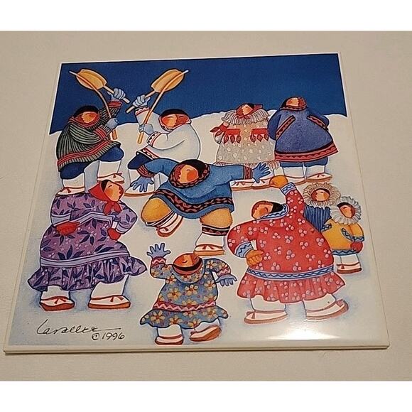 Vintage Barbara Lavallee Ceramic Kitchen Tile Wall Eskimo Dance 1996 Rare - Picture 2 of 4